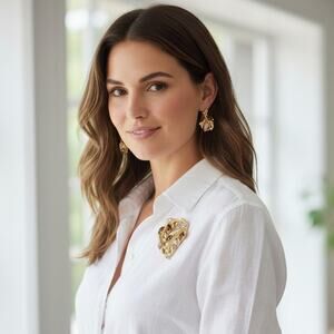 Vintage Rhinestone Brooch & Earrings | Gold Leaf Statement Set